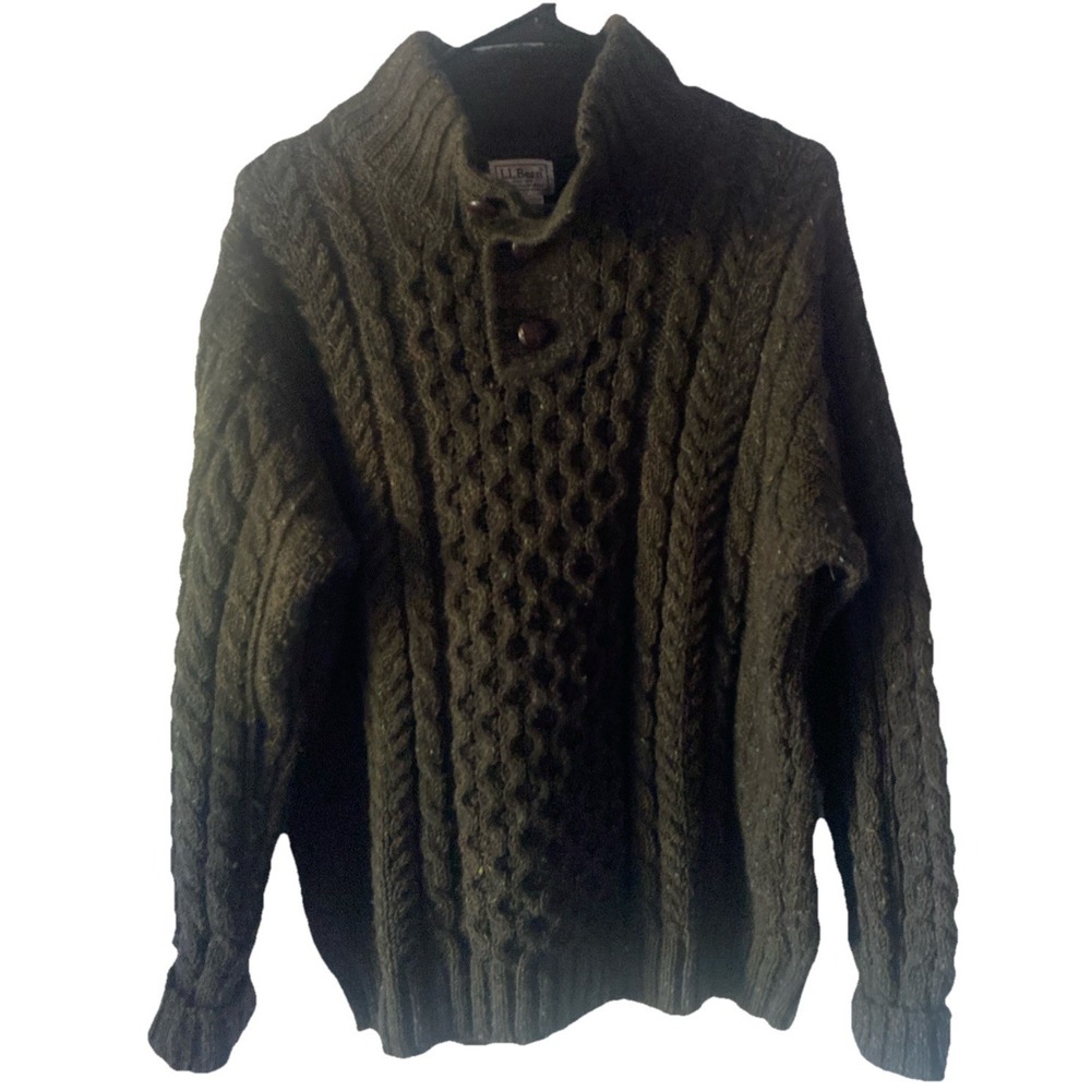 VTG LL Bean Irish Fisherman's Cable-knit Sweater Three Button Mock Neck Sz M